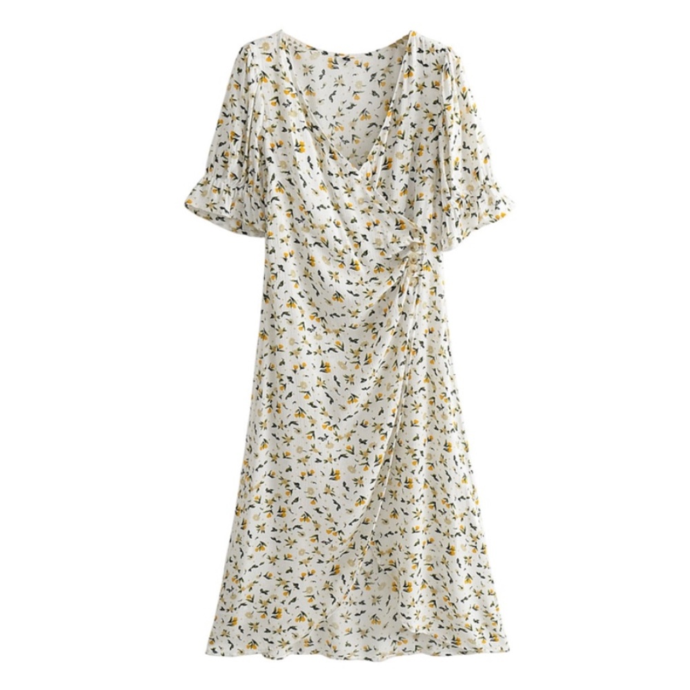 Boho yellow floral Puff Sleeve Dress Tulip Hem Vintage Style - Picture 2 of 3